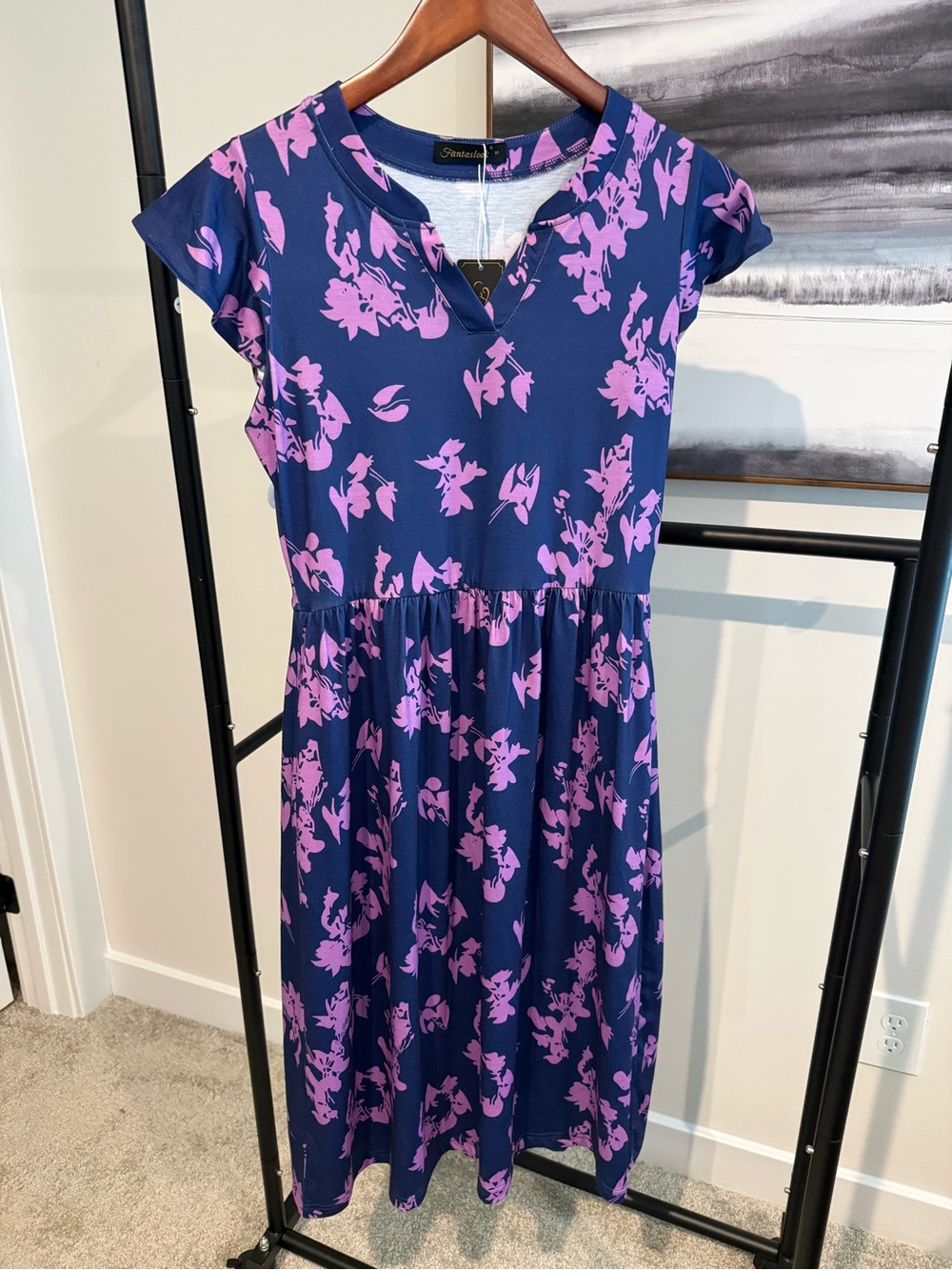 Floral Navy and Lavender Casual V-Neck Dress - Womens